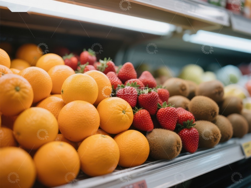高清大图下载【趣麦麦图】超市水果陈列：橙子、草莓与猕猴桃