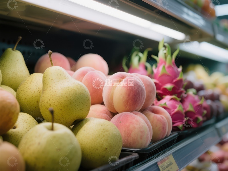 高清大图下载【趣麦麦图】超市水果陈列：梨、桃与火龙果