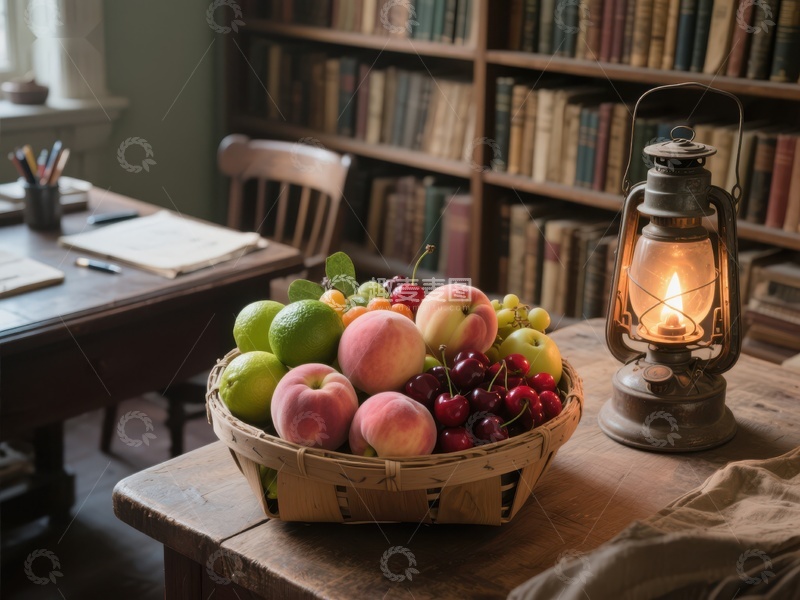高清大图下载【趣麦麦图】书房中的水果篮与煤油灯