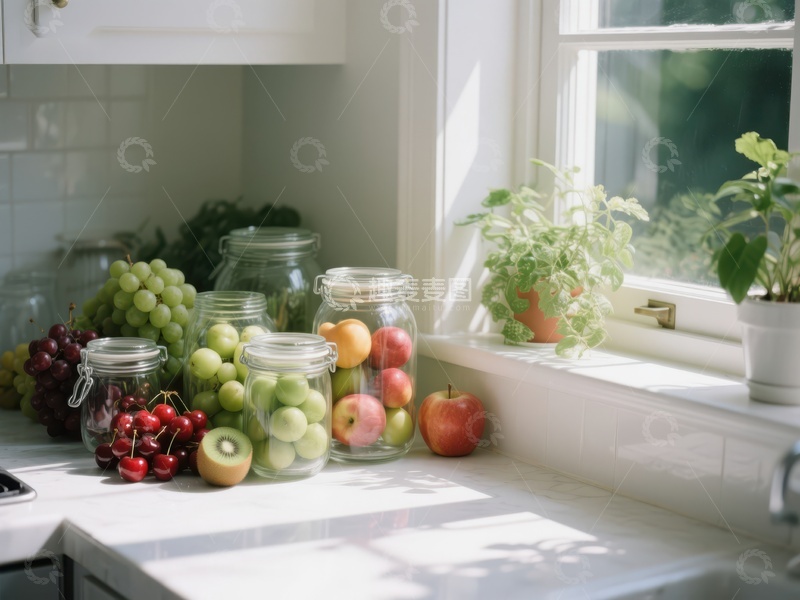 高清大图下载【趣麦麦图】厨房窗台上的新鲜水果与绿植