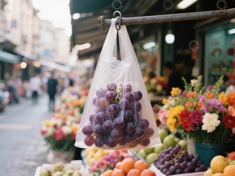 市场摊位上的葡萄与鲜花