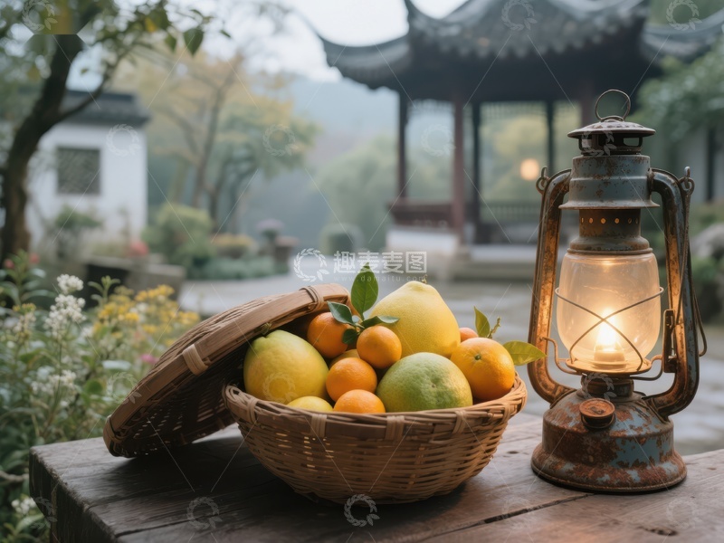 高清大图下载【趣麦麦图】古灯旁的果篮与庭院景致
