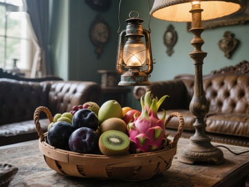 复古客厅中的水果篮与暖灯