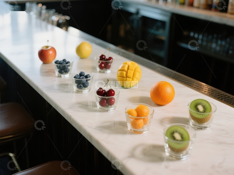 高清大图下载【趣麦麦图】吧台上的新鲜水果与果杯