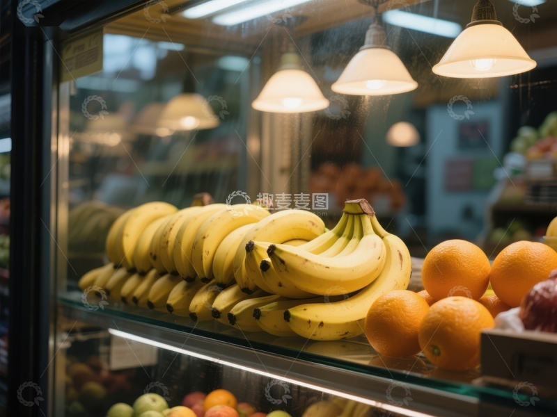 高清大图下载【趣麦麦图】水果展示柜中的香蕉与橙子