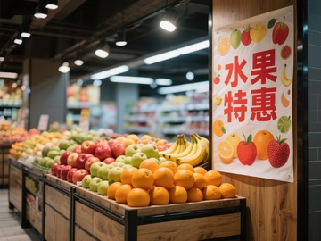 水果特惠促销，新鲜水果陈列展示