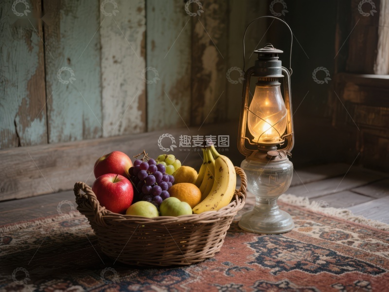 高清大图下载【趣麦麦图】复古油灯旁的水果篮