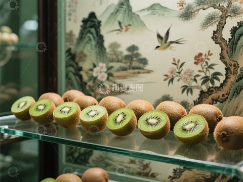切开的猕猴桃整齐排列在玻璃展示柜中