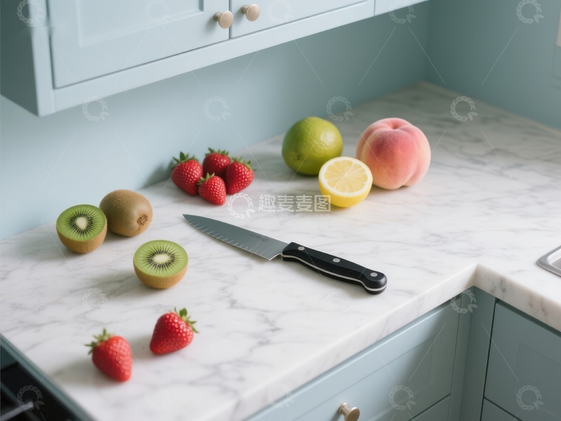 高清大图下载【趣麦麦图】厨房台面摆放新鲜水果与刀具
