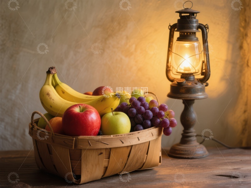 高清大图下载【趣麦麦图】水果篮与复古油灯