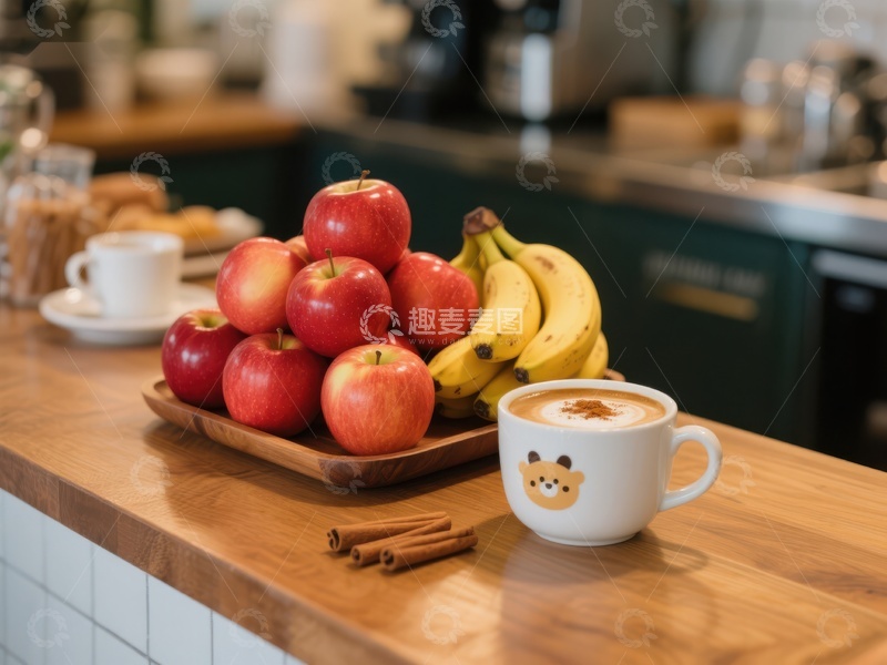 高清大图下载【趣麦麦图】温馨厨房一角：苹果香蕉与热饮
