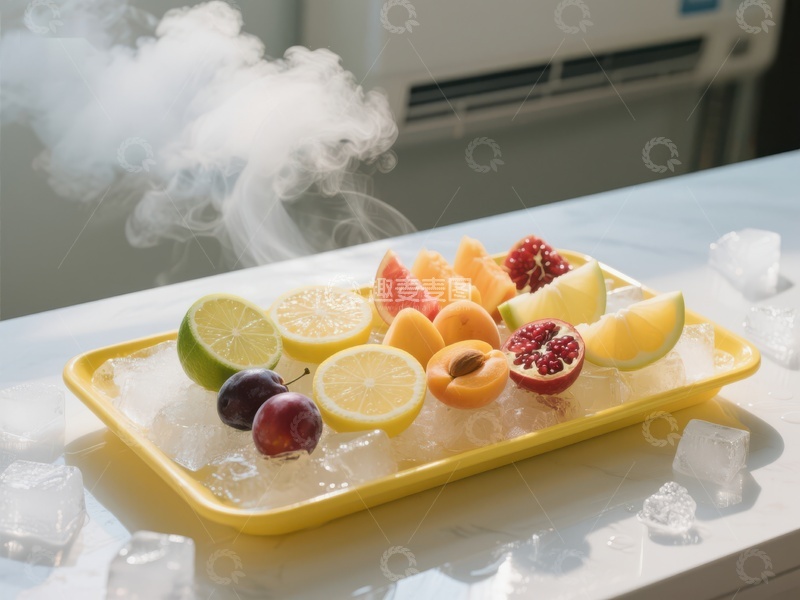 高清大图下载【趣麦麦图】冰块上的水果拼盘，蒸汽缭绕