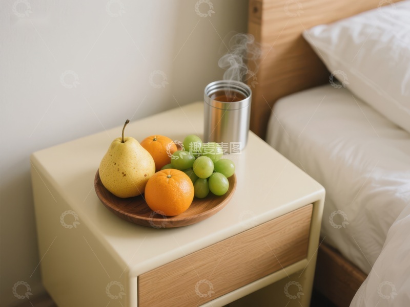 高清大图下载【趣麦麦图】床头柜上的水果盘与热饮