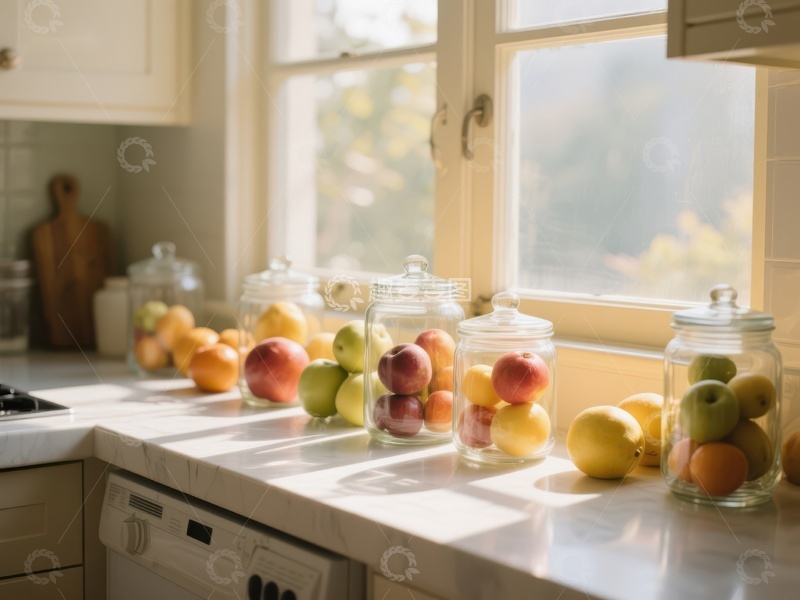 高清大图下载【趣麦麦图】阳光洒落的厨房窗台水果罐