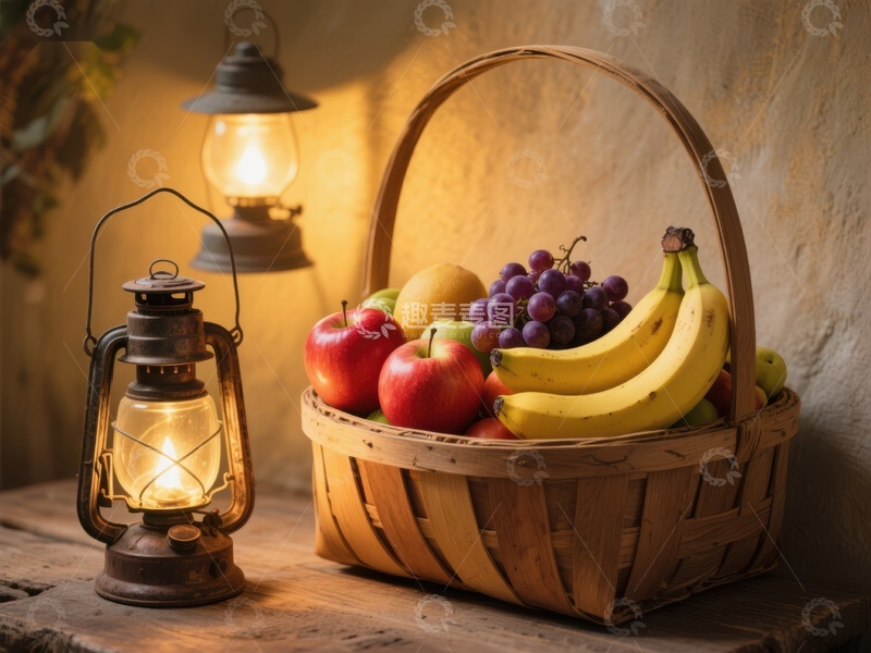 高清大图下载【趣麦麦图】复古灯旁的水果篮