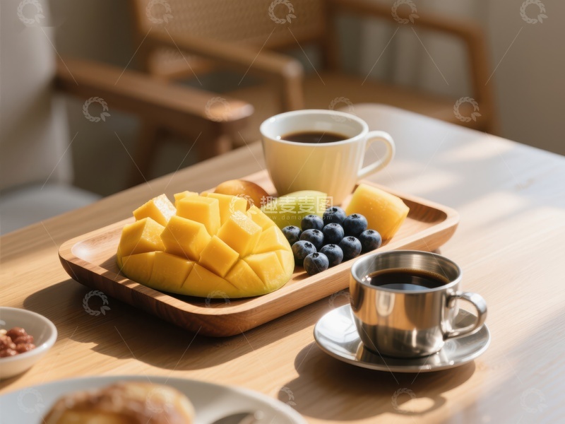 高清大图下载【趣麦麦图】早餐桌上的水果与咖啡