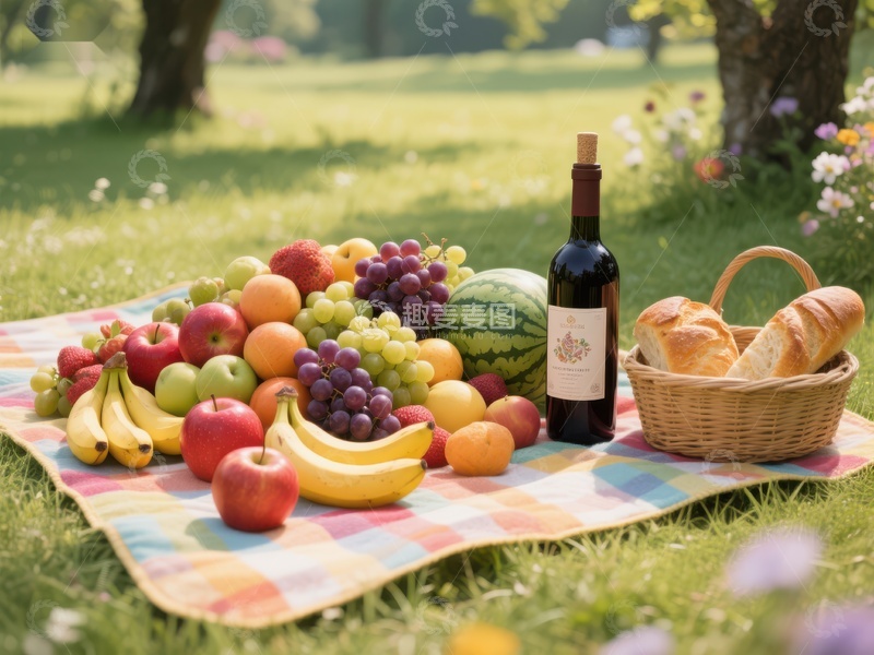 高清大图下载【趣麦麦图】户外野餐布置，水果面包与红酒
