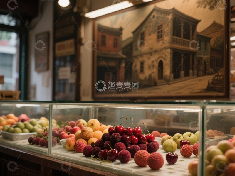 高清大图下载【趣麦麦图】水果展示柜与复古壁画