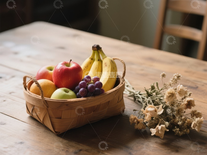 高清大图下载【趣麦麦图】木桌上的水果篮与干花