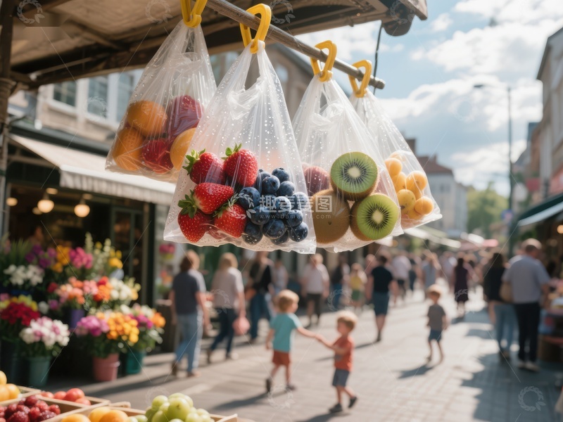 市场摊位悬挂新鲜水果