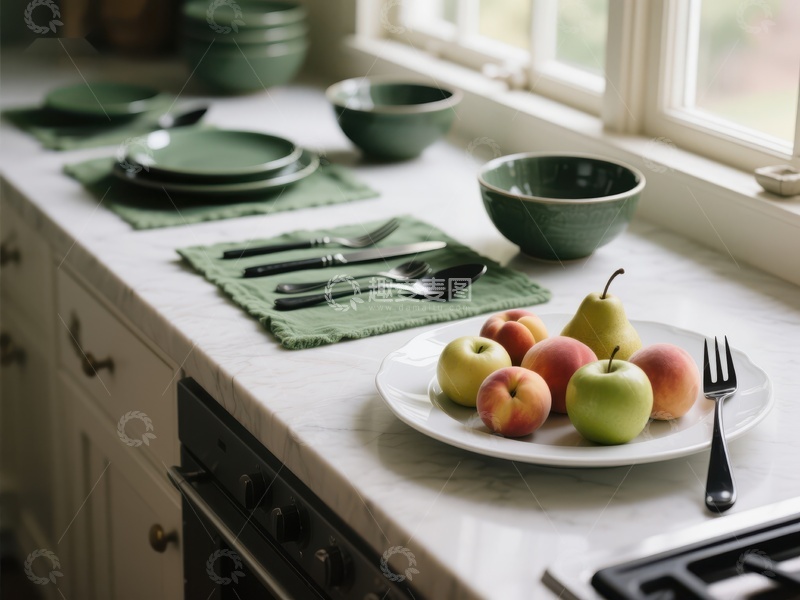 高清大图下载【趣麦麦图】厨房台面摆放绿色餐具与水果