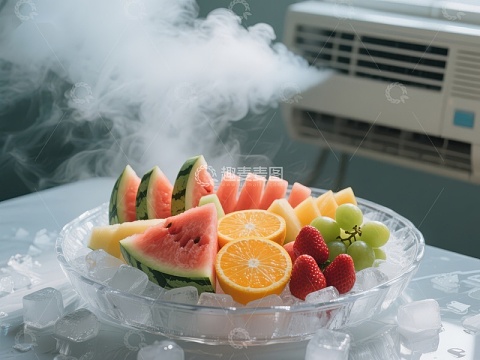 冰镇水果盘，空调旁冒着冷气
