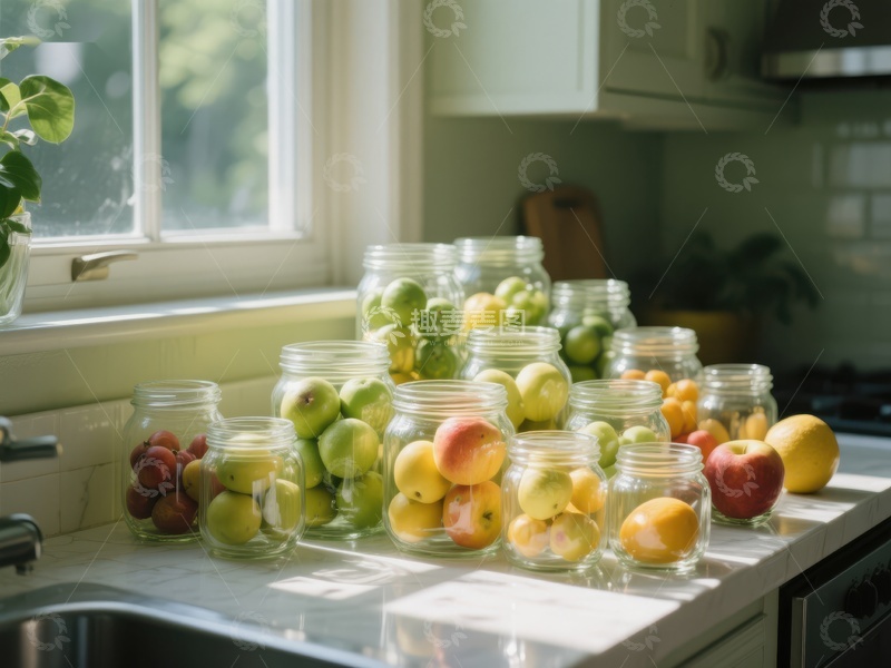 高清大图下载【趣麦麦图】厨房窗台上的罐装水果