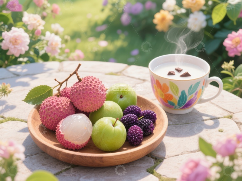 高清大图下载【趣麦麦图】花园茶点：新鲜水果与热饮