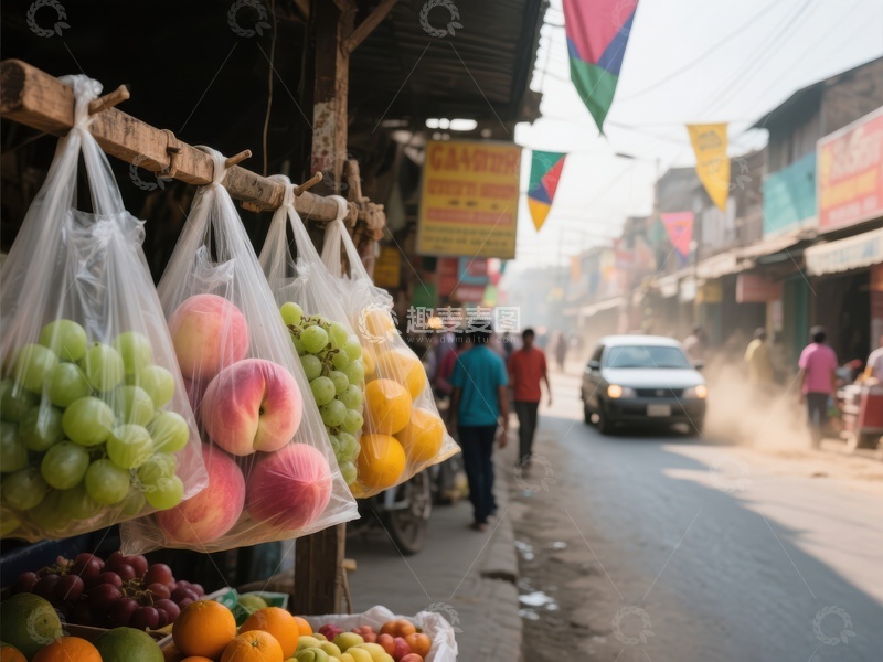 高清大图下载【趣麦麦图】街头水果摊，行人车辆穿梭