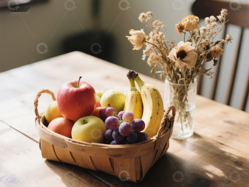 高清大图下载【趣麦麦图】水果篮与干花装饰的温馨桌面