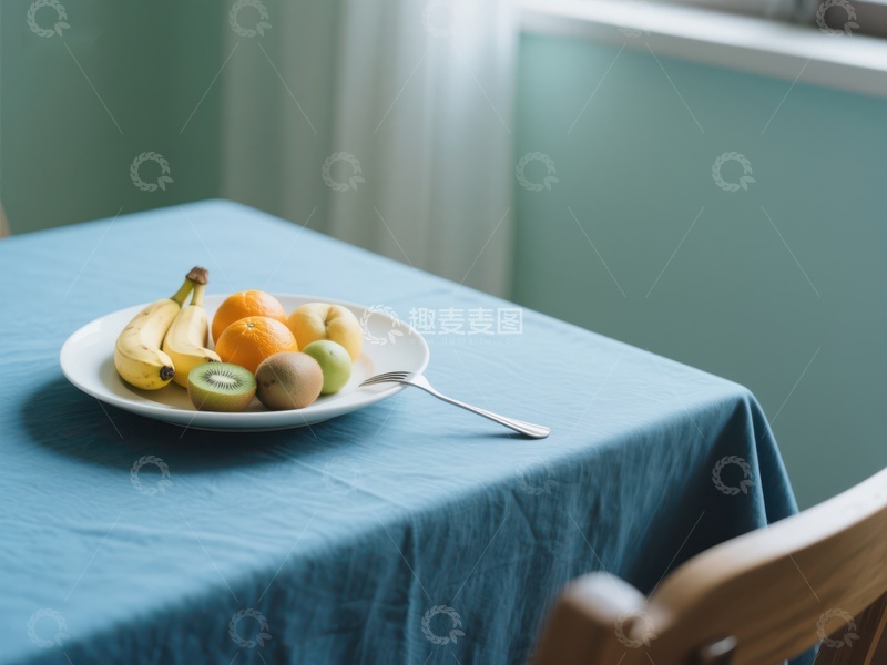 高清大图下载【趣麦麦图】蓝色桌布上的水果盘