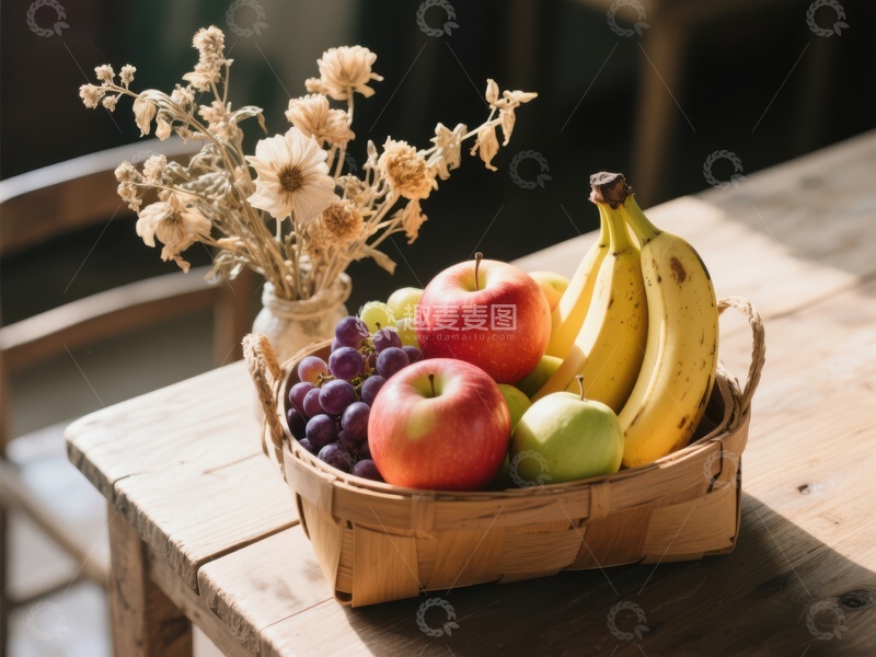 高清大图下载【趣麦麦图】木篮中的新鲜水果与干花