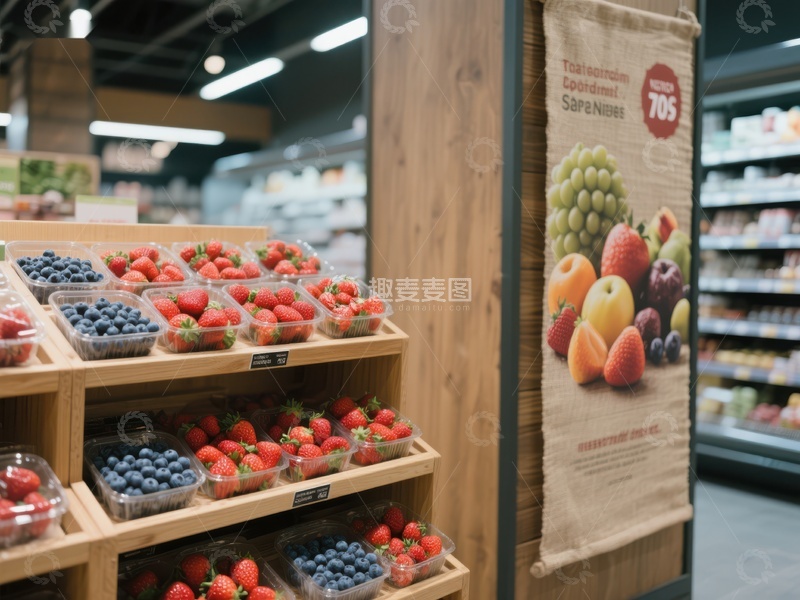 高清大图下载【趣麦麦图】超市水果区展示新鲜草莓和蓝莓