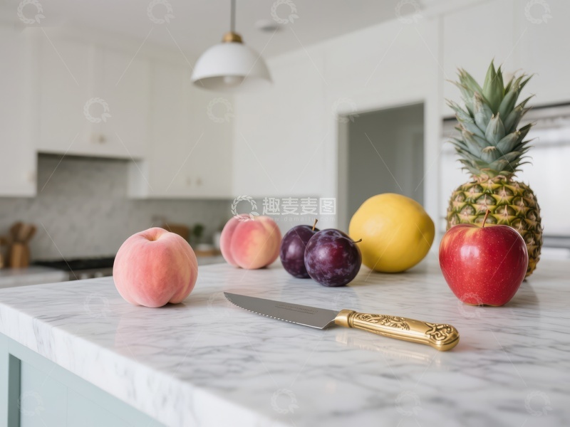 高清大图下载【趣麦麦图】厨房台面上的水果与刀具