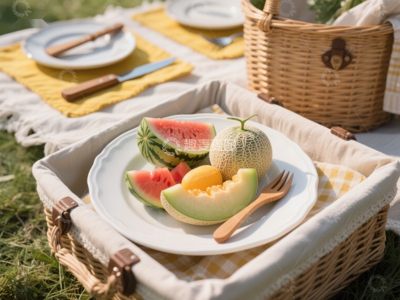 高清大图下载【趣麦麦图】夏日野餐：切片西瓜与甜瓜