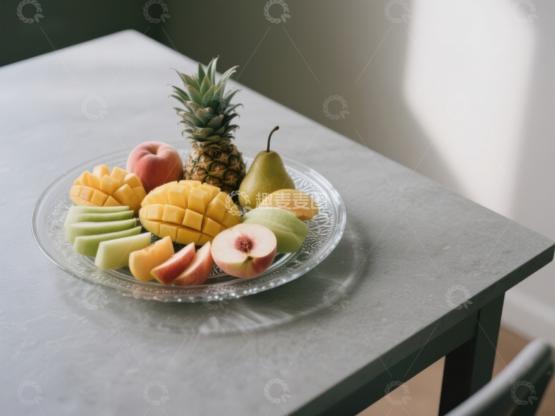 高清大图下载【趣麦麦图】新鲜水果拼盘置于简约桌面