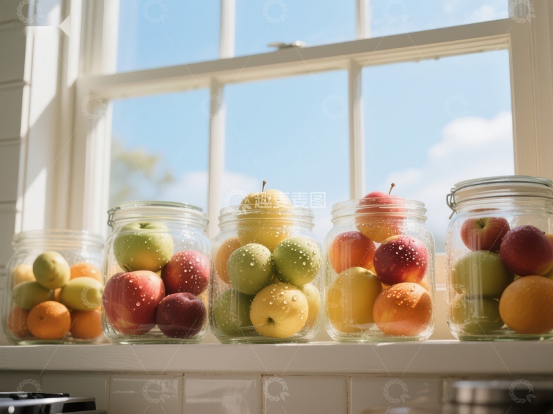 高清大图下载【趣麦麦图】窗台上的水果罐头