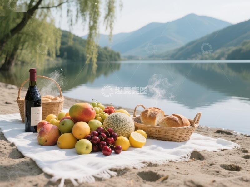 高清大图下载【趣麦麦图】湖畔野餐，水果美酒与面包