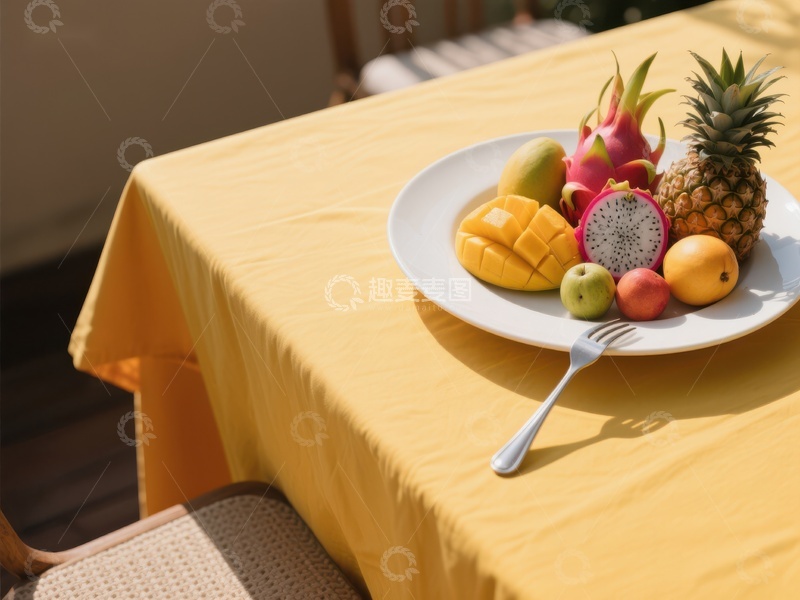高清大图下载【趣麦麦图】黄色桌布上的热带水果盘