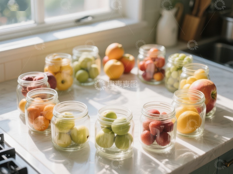高清大图下载【趣麦麦图】厨房台面上的水果罐装展示