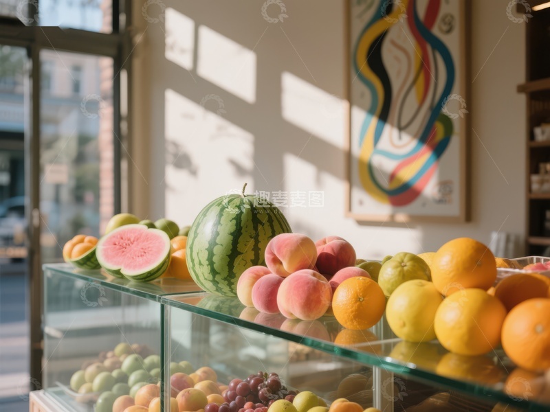 高清大图下载【趣麦麦图】新鲜水果陈列在玻璃展示柜中