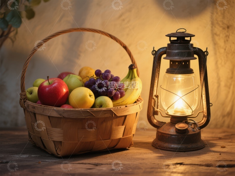高清大图下载【趣麦麦图】果篮与油灯的温馨场景