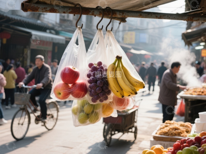 高清大图下载【趣麦麦图】街头水果摊，塑料袋挂满新鲜水果