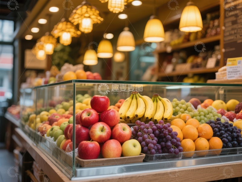 高清大图下载【趣麦麦图】新鲜水果陈列在明亮的商店橱窗中
