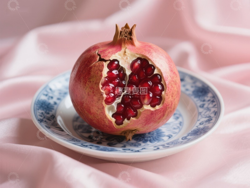 高清大图下载【趣麦麦图】切开的石榴置于青花瓷盘上