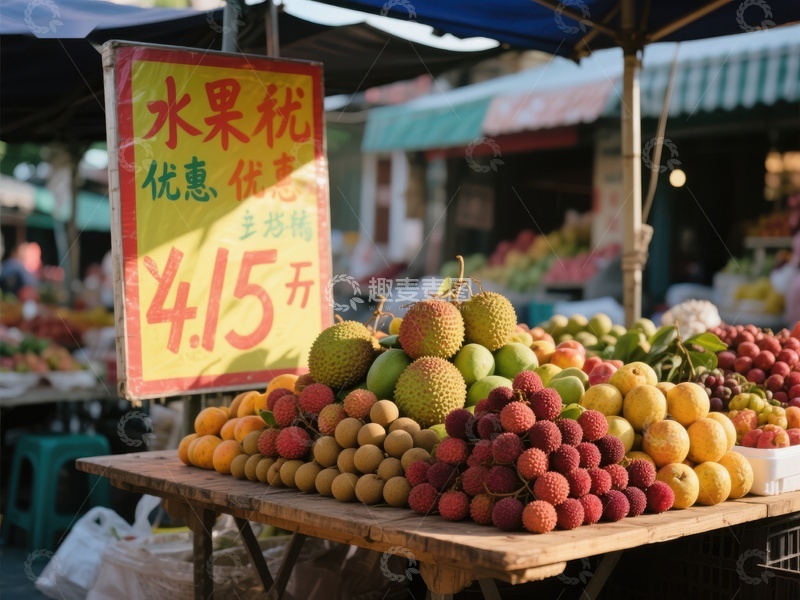 市场水果摊，新鲜荔枝与菠萝蜜