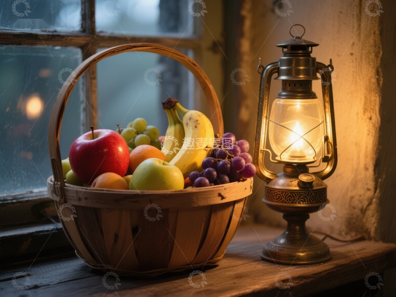 高清大图下载【趣麦麦图】窗边果篮与暖灯