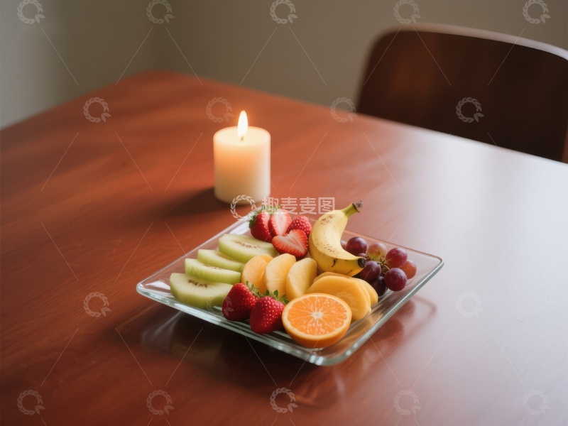 高清大图下载【趣麦麦图】水果拼盘与烛光点缀的温馨桌面