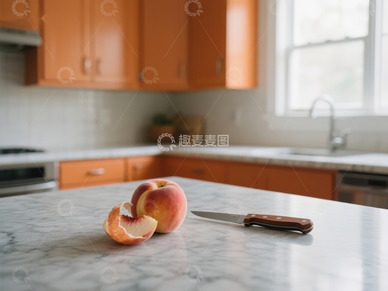 高清大图下载【趣麦麦图】厨房台面上的桃子与刀具