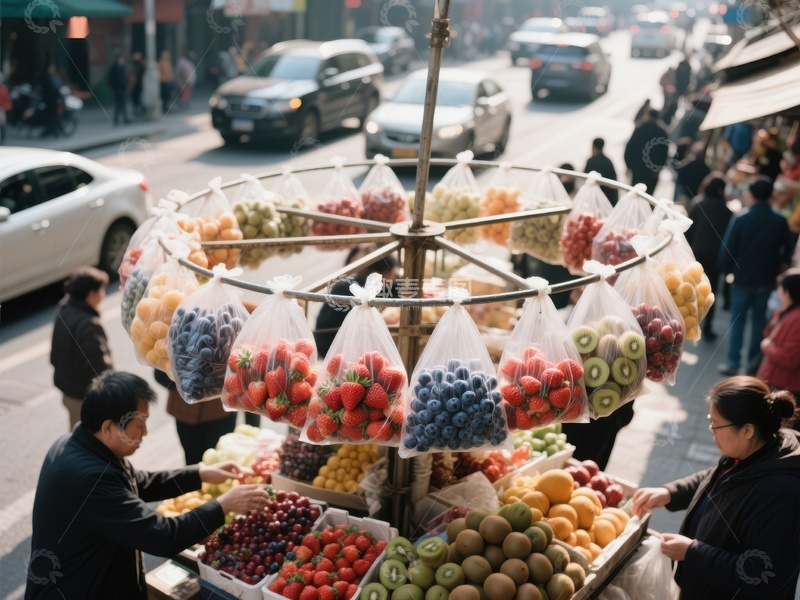 高清大图下载【趣麦麦图】街头水果摊，顾客挑选新鲜果蔬
